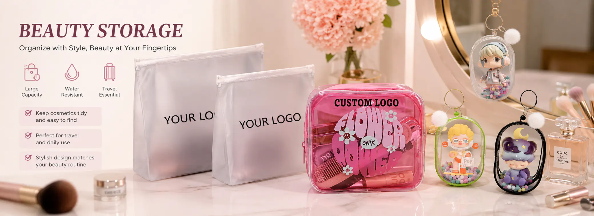 Beauty storage and custom logo bags